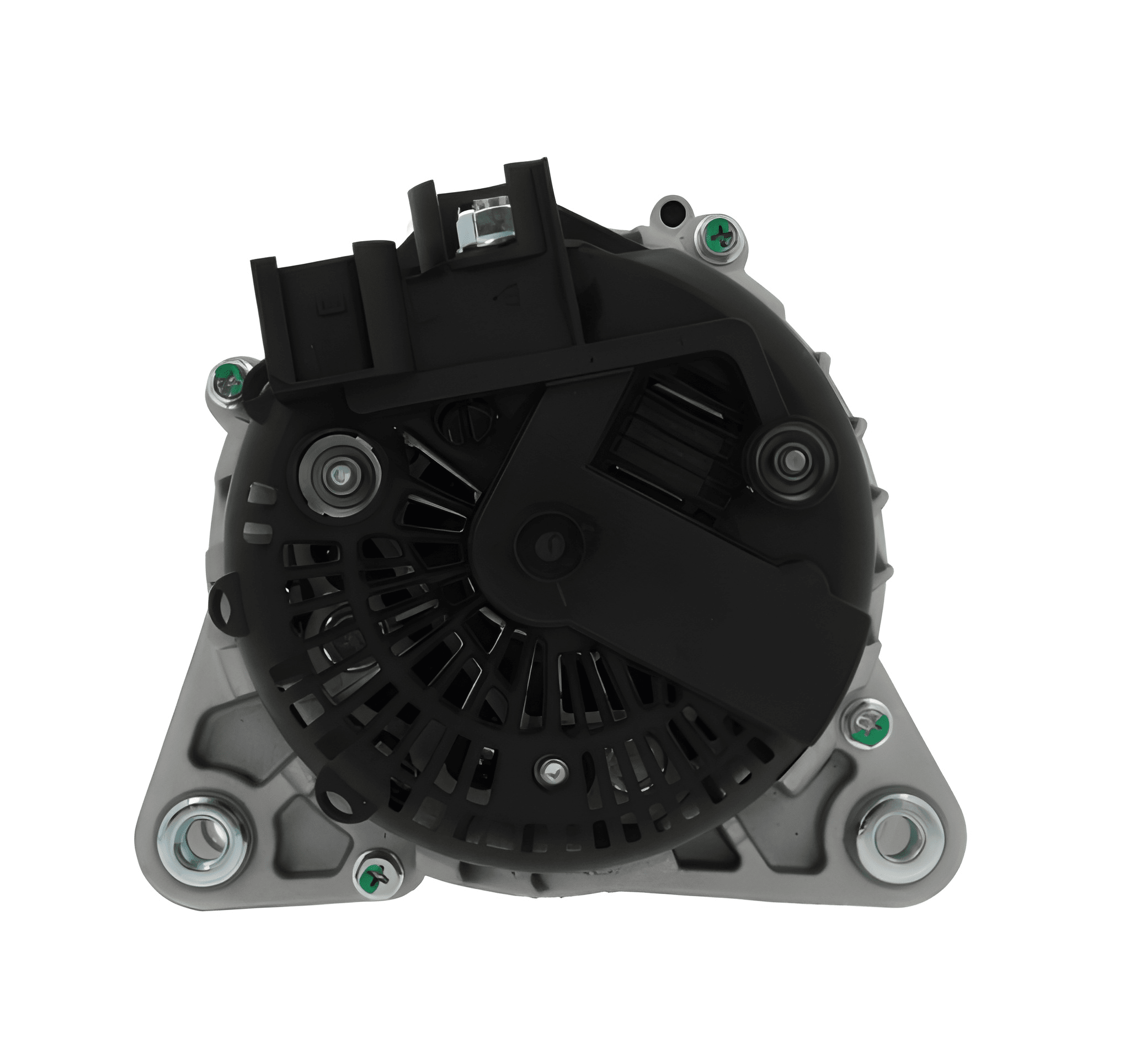 rear view of A new 12V 150Amp aftermarket alternator for Ford vehicles, with a metal body and a black plastic cover.