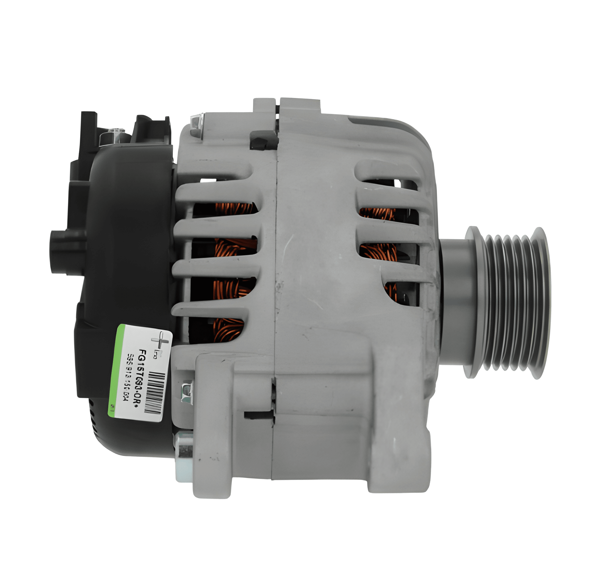 side view of A new 12V 150Amp aftermarket alternator for Ford vehicles, with a metal body and a black plastic cover.