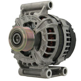 A new 12v, 150 amp aftermarket alternator for Ford vehicles, Fitting Ford Transit and Ford Ranger featuring a metal body with wiring and a pulley system.