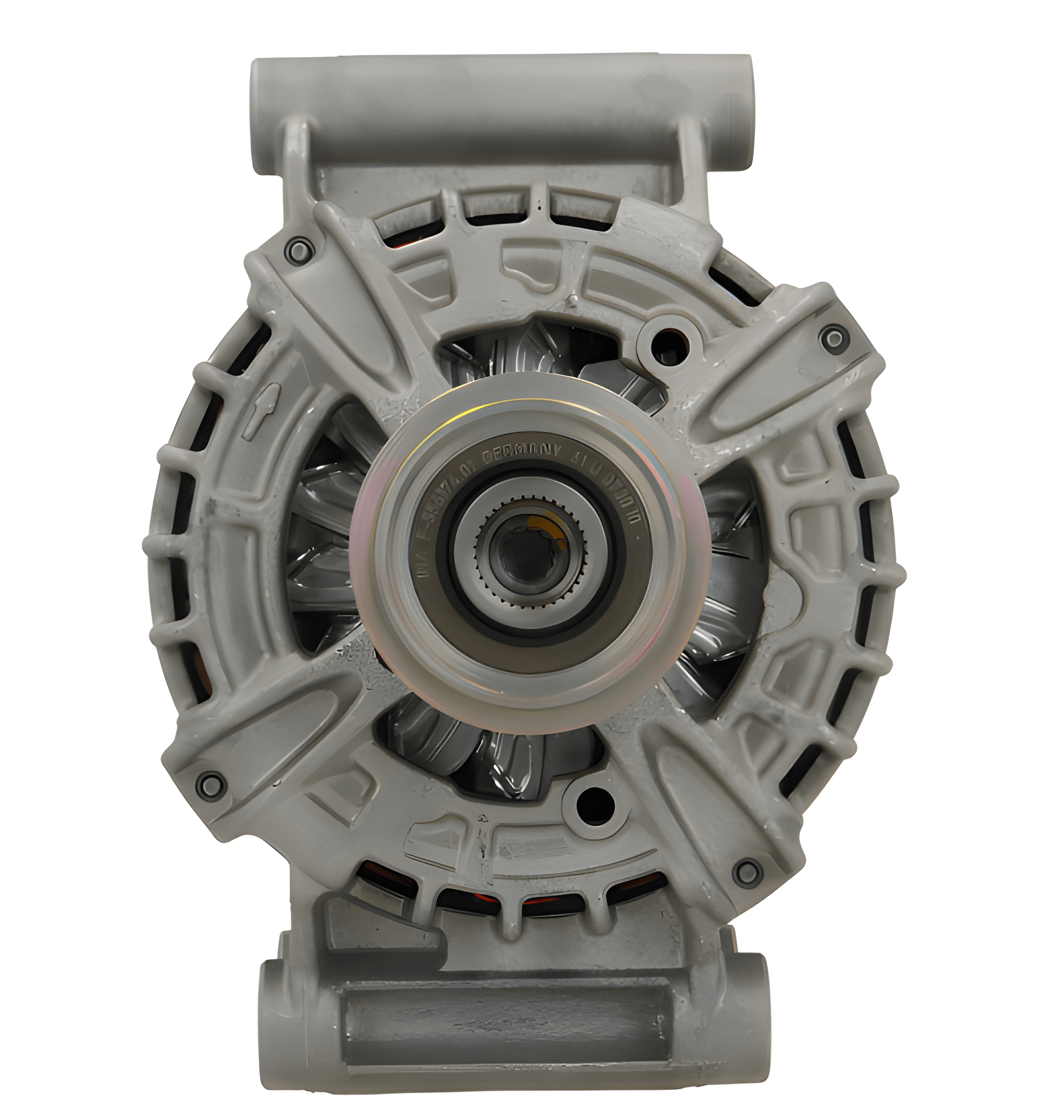 front view of A new 12v, 150 amp aftermarket alternator for Ford vehicles, Fitting Ford Transit and Ford Ranger featuring a metal body with wiring and a pulley system.