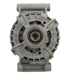 front view of A new 12v, 150 amp aftermarket alternator for Ford vehicles, Fitting Ford Transit and Ford Ranger featuring a metal body with wiring and a pulley system.