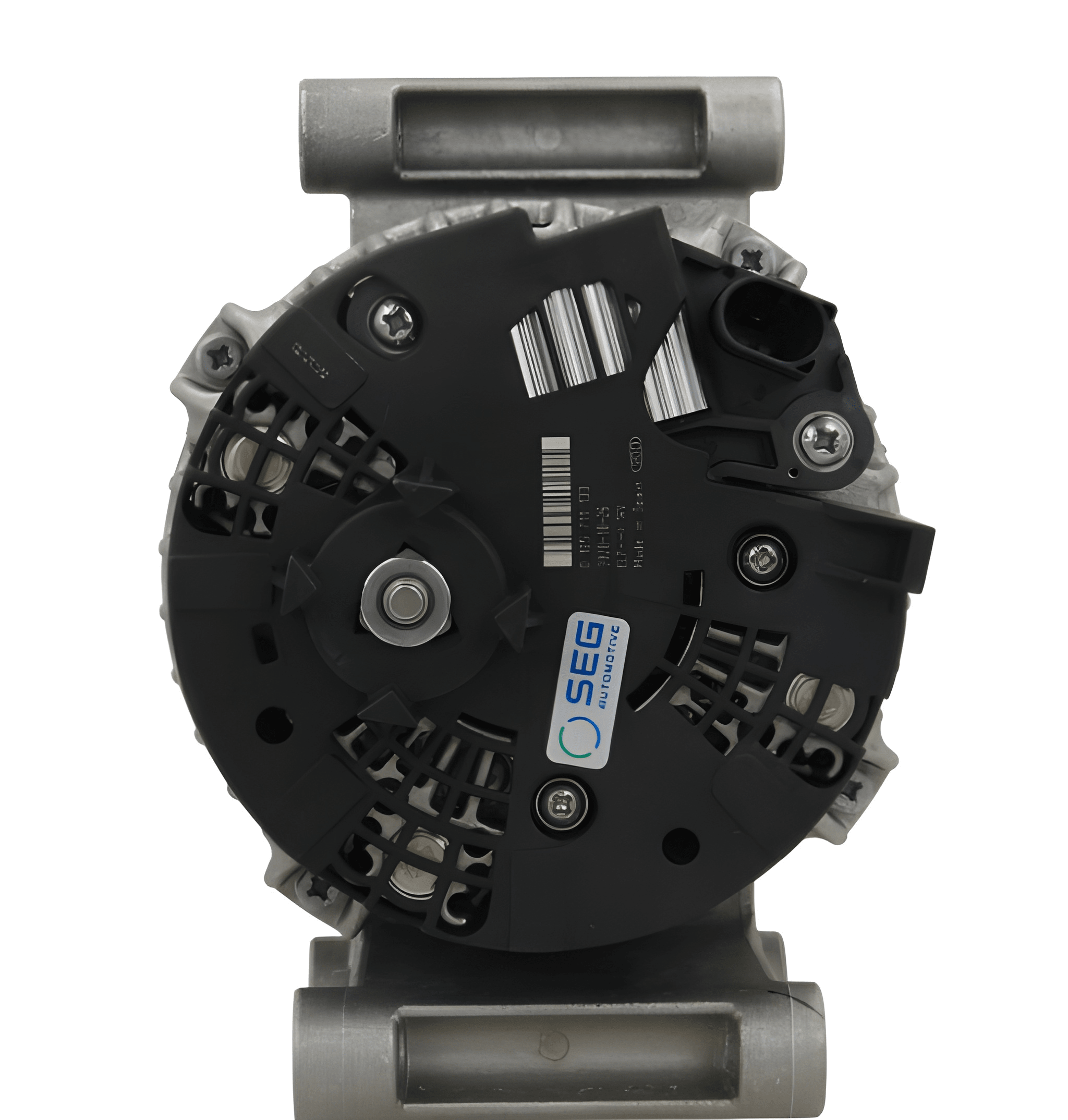 rear view of A new 12v, 150 amp aftermarket alternator for Ford vehicles, Fitting Ford Transit and Ford Ranger featuring a metal body with wiring and a pulley system.