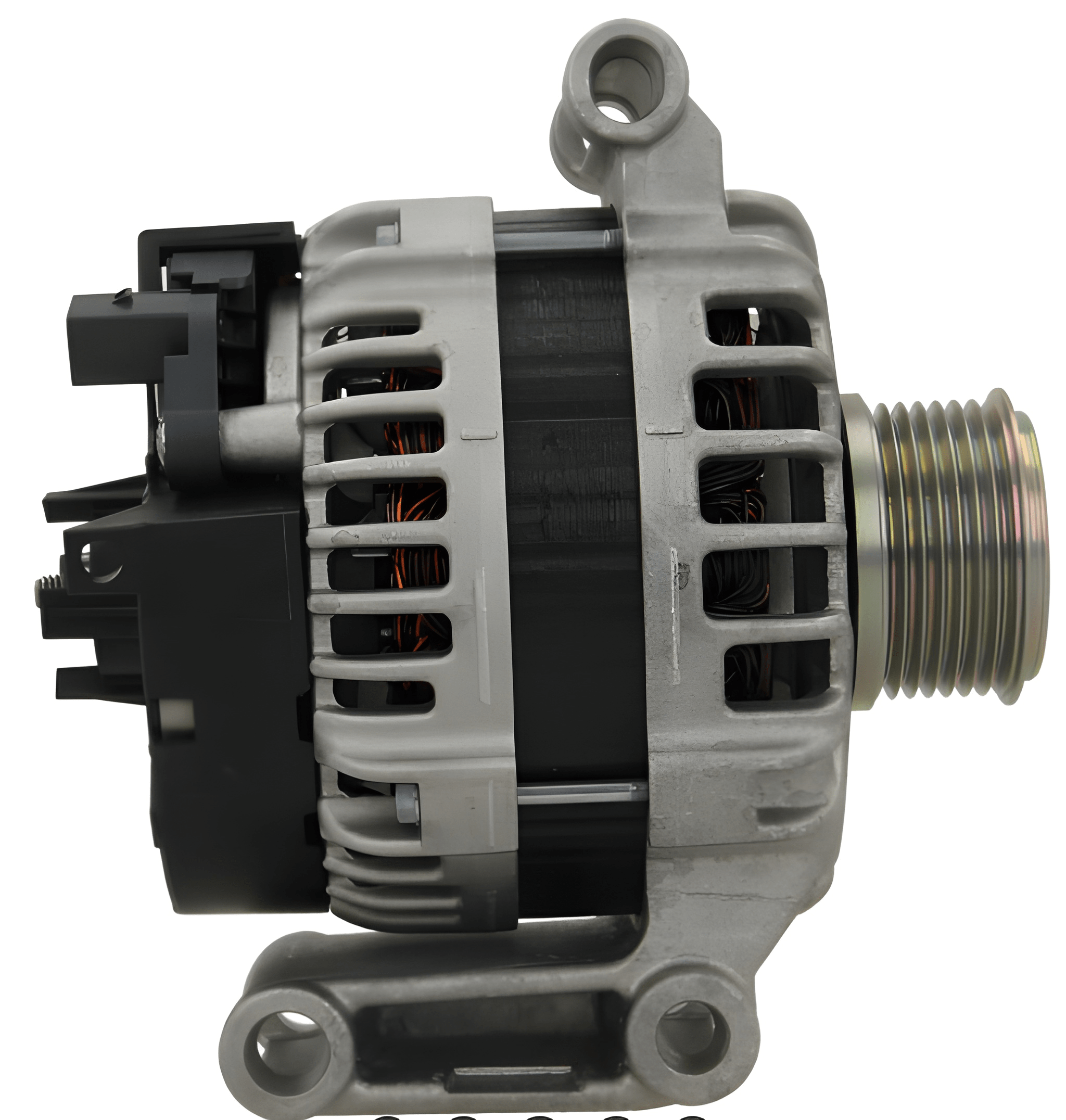 side view of A new 12v, 150 amp aftermarket alternator for Ford vehicles, Fitting Ford Transit and Ford Ranger featuring a metal body with wiring and a pulley system.