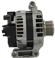 side view of A new 12v, 150 amp aftermarket alternator for Ford vehicles, Fitting Ford Transit and Ford Ranger featuring a metal body with wiring and a pulley system.