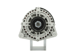 front view of A Ford 12V, 130A alternator, showing a metal body with a gray and black color scheme, including a pulley and mounting points. Fits Frd Transit and Ford Tourneo