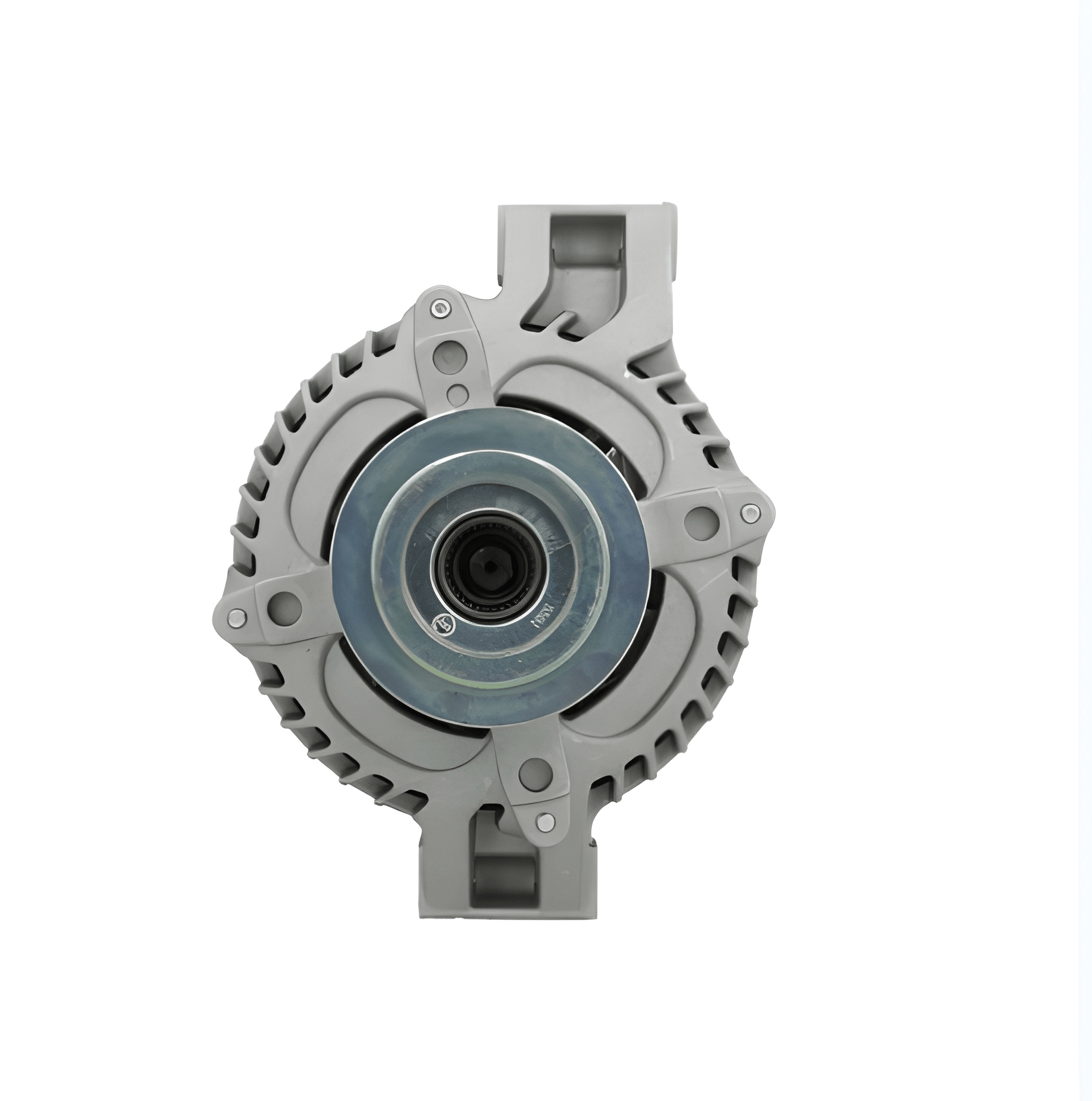 front view of A new aftermarket alternator, predominantly in gray color, with a pulley for a vehicle's electrical system. Fits Honda cars. on a white background
