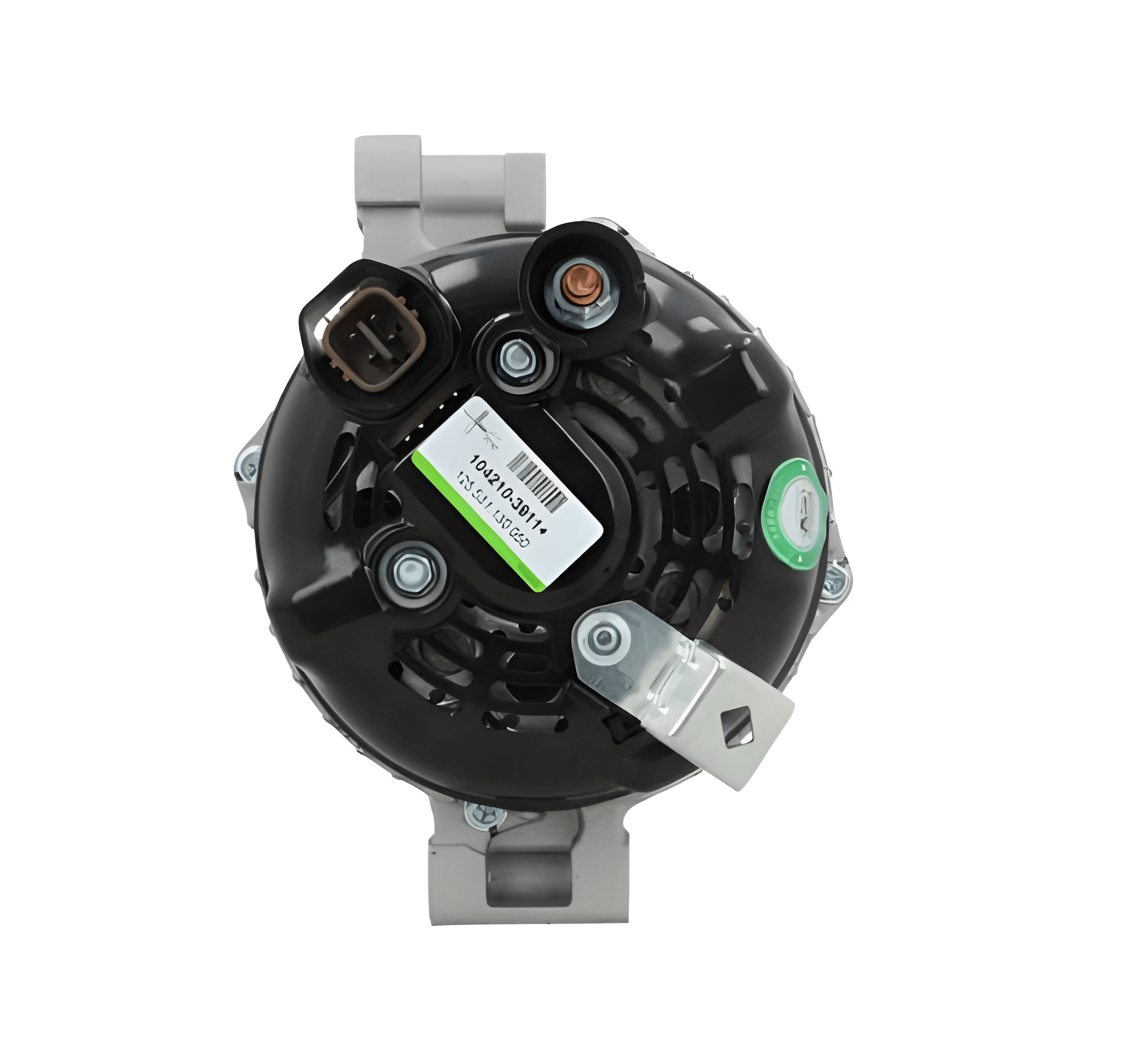rear view of A new aftermarket alternator, predominantly in gray color, with a pulley for a vehicle's electrical system. Fits Honda cars. on a white background