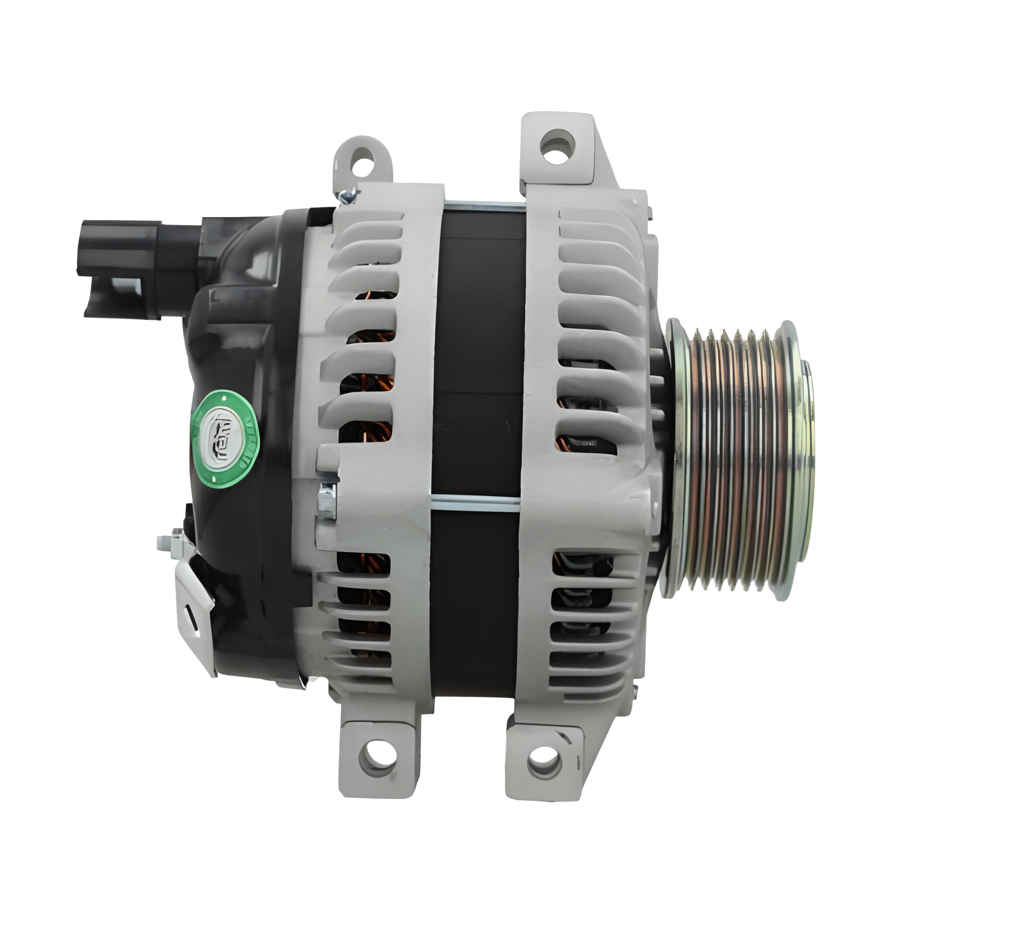 side view of A new aftermarket alternator, predominantly in gray color, with a pulley for a vehicle's electrical system. Fits Honda cars. on a white background
