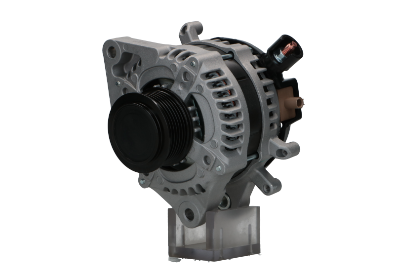 A new aftermarket alternator with a metal body, black in color, with multiple electrical connectors and a pulley for the belt drive.