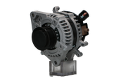 A new aftermarket alternator with a metal body, black in color, with multiple electrical connectors and a pulley for the belt drive.