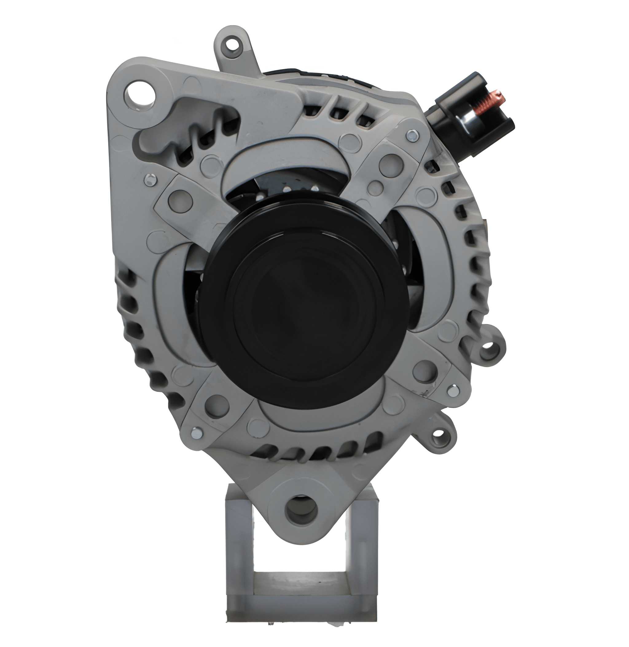 front view of A new aftermarket alternator with a metal body, black in color, with multiple electrical connectors and a pulley for the belt drive. on a white background