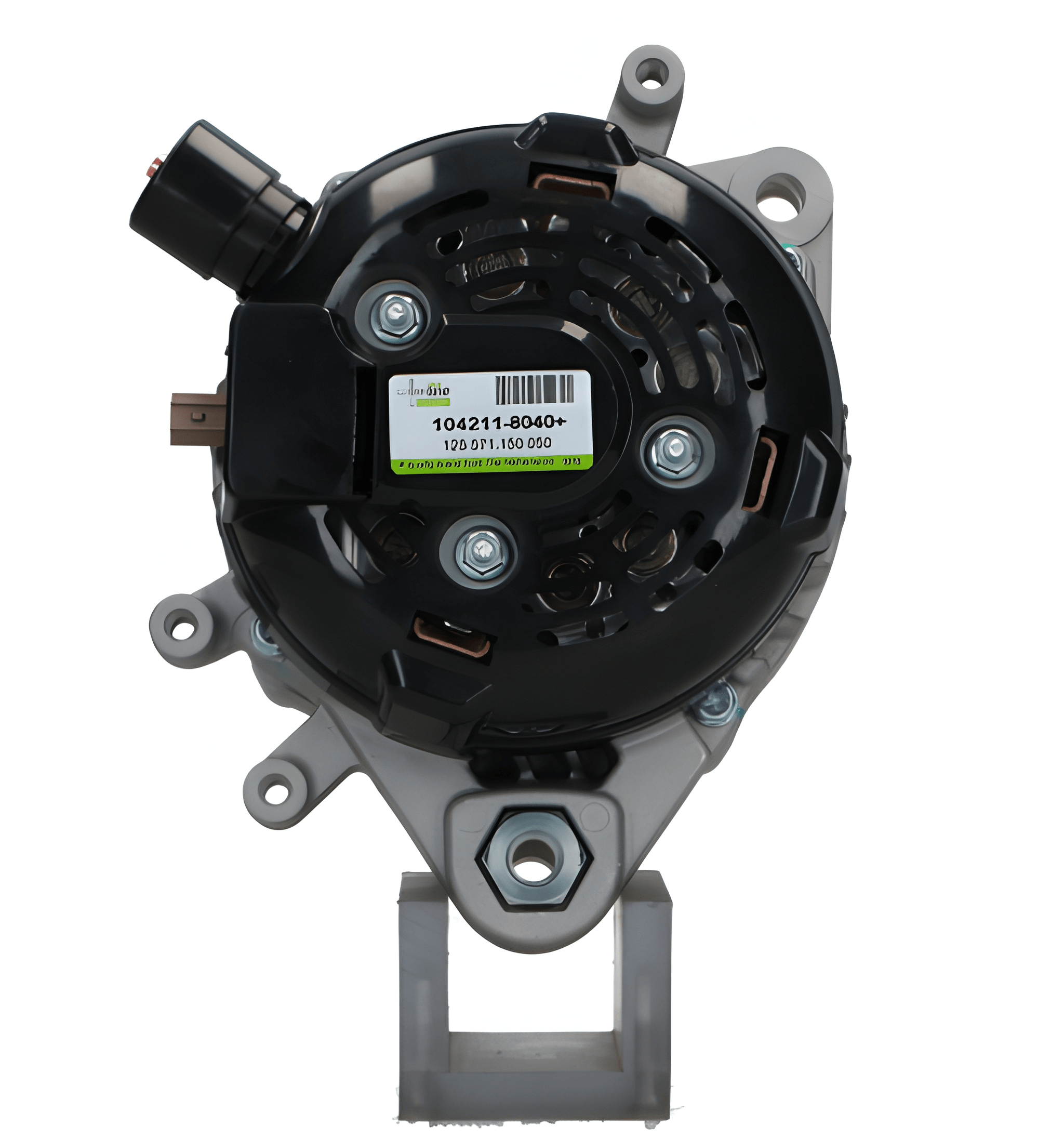 rear view of A new aftermarket alternator with a metal body, black in color, with multiple electrical connectors and a pulley for the belt drive. on a white background