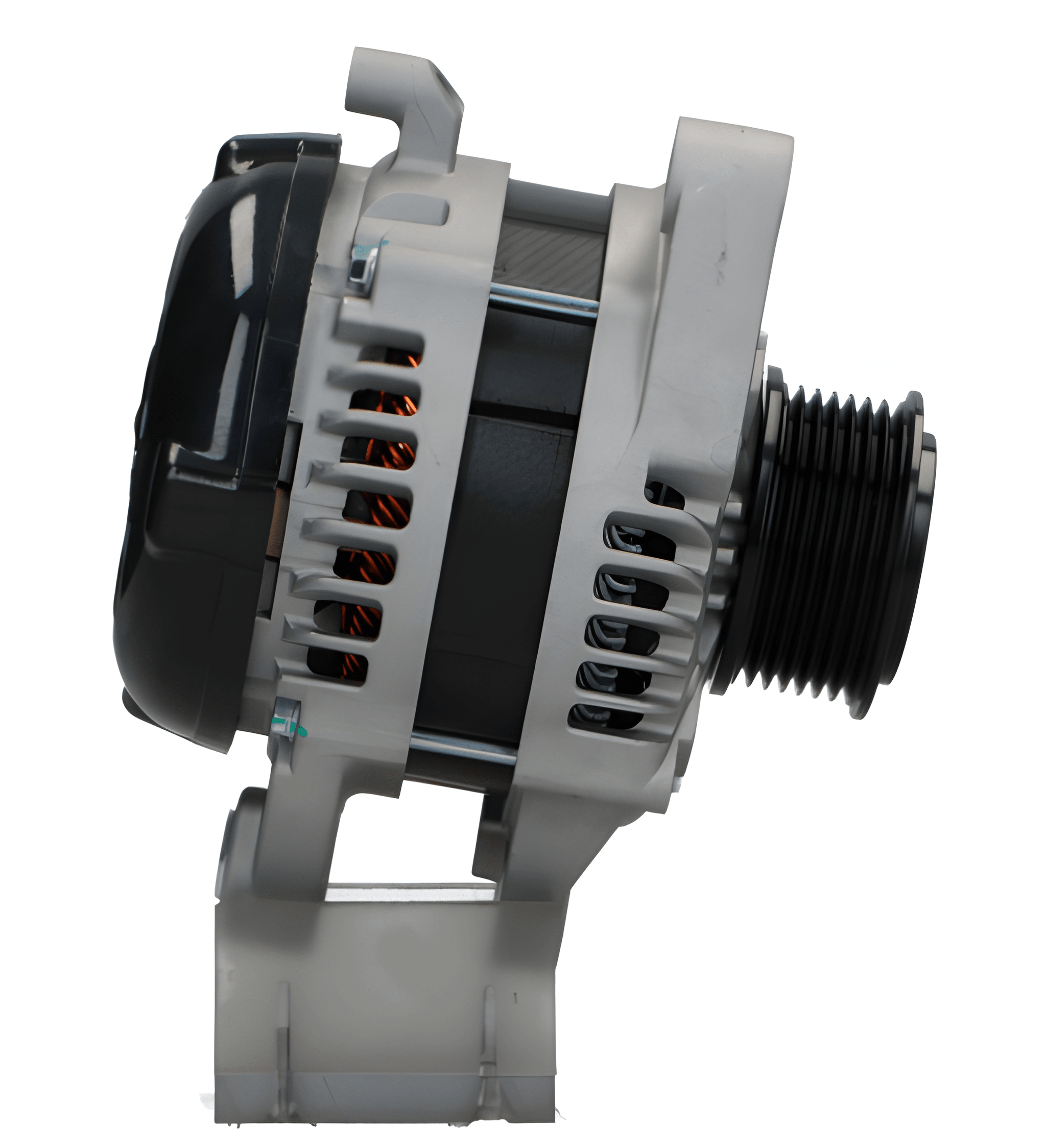 side view of A new aftermarket alternator with a metal body, black in color, with multiple electrical connectors and a pulley for the belt drive. on a white background