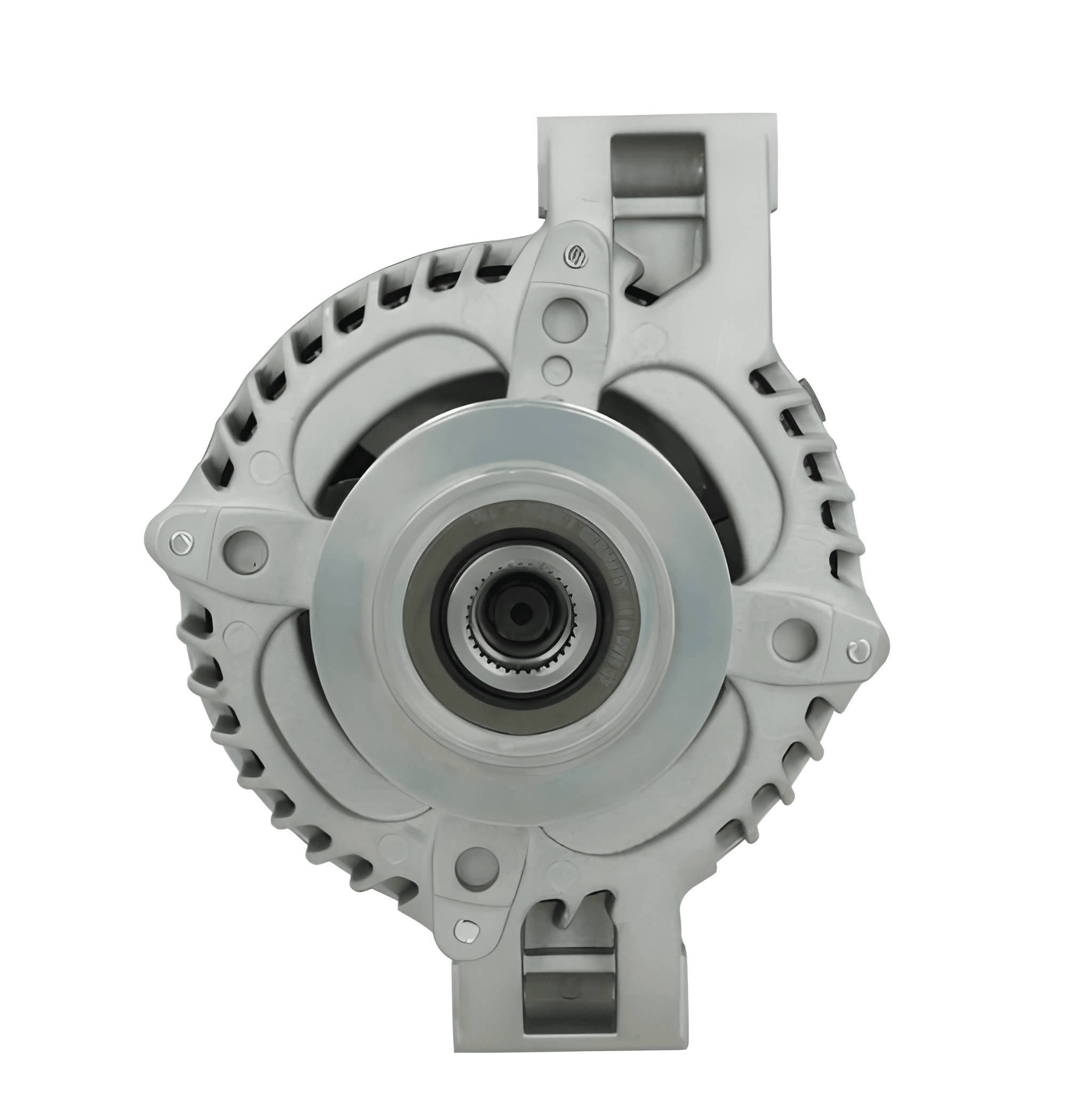 front view of A new aftermarket alternator with a gray body, metal housing, and a free wheel pulley. on a white background