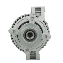front view of A new aftermarket alternator with a gray body, metal housing, and a free wheel pulley. on a white background