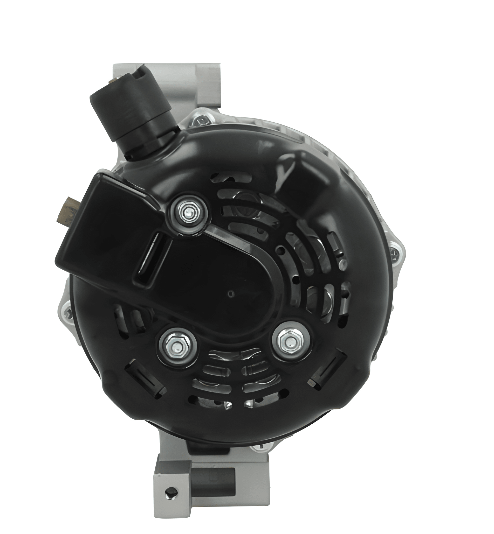 rear view of A new aftermarket alternator with a gray body, metal housing, and a free wheel pulley. on a white background
