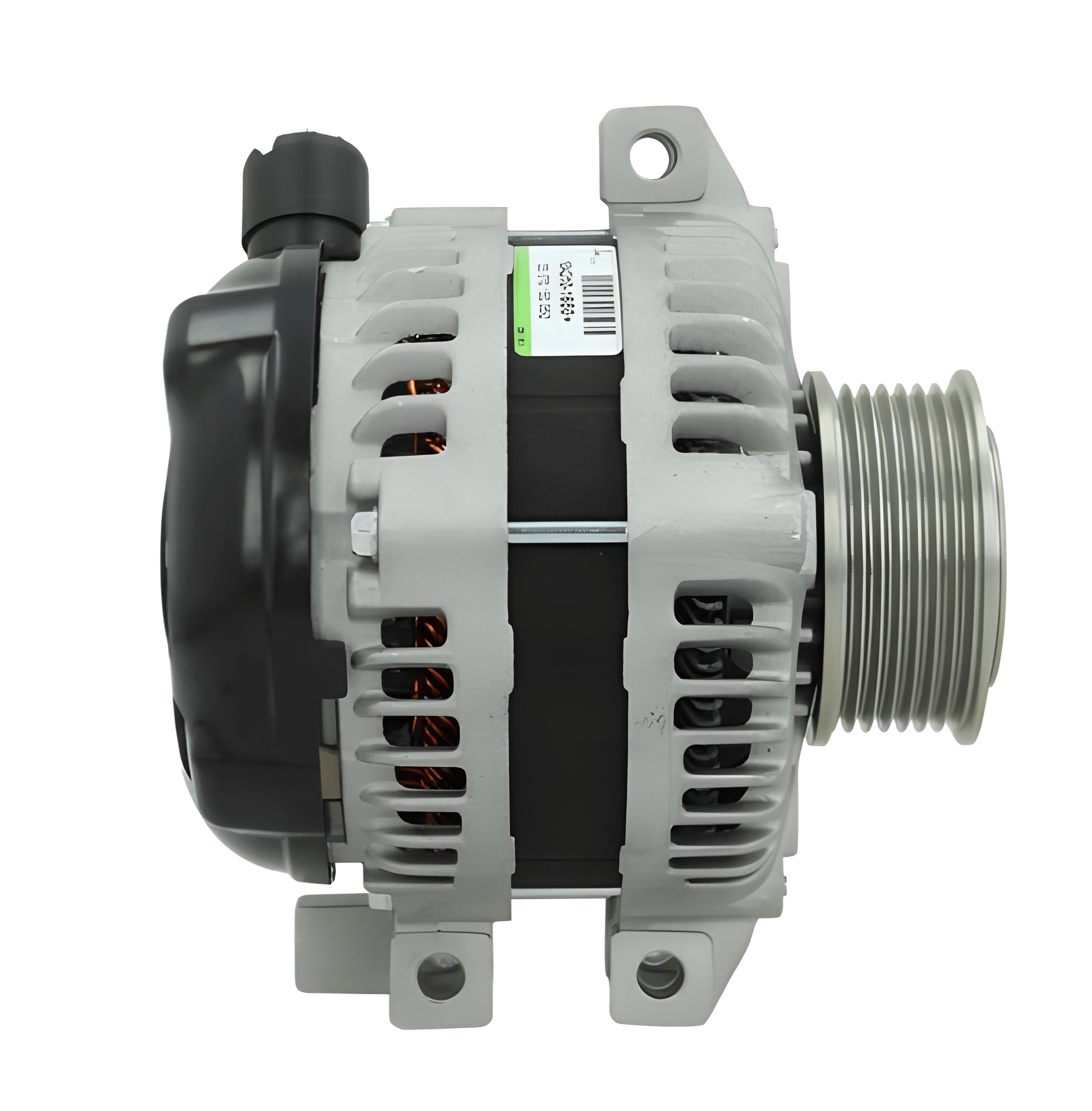 side view of A new aftermarket alternator with a gray body, metal housing, and a free wheel pulley. on a white background