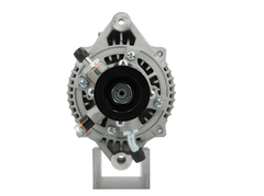 front view of A new 120amp 12V aftermarket alternator for Land Rover vehicles, with a metal body and a pulley for belt-driven operation.
