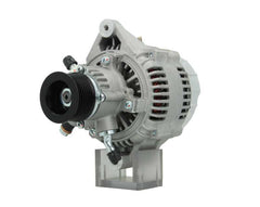 A new 120amp 12V aftermarket alternator for Land Rover vehicles, with a metal body and a pulley for belt-driven operation.
