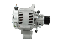 side view of A new 120amp 12V aftermarket alternator for Land Rover vehicles, with a metal body and a pulley for belt-driven operation.