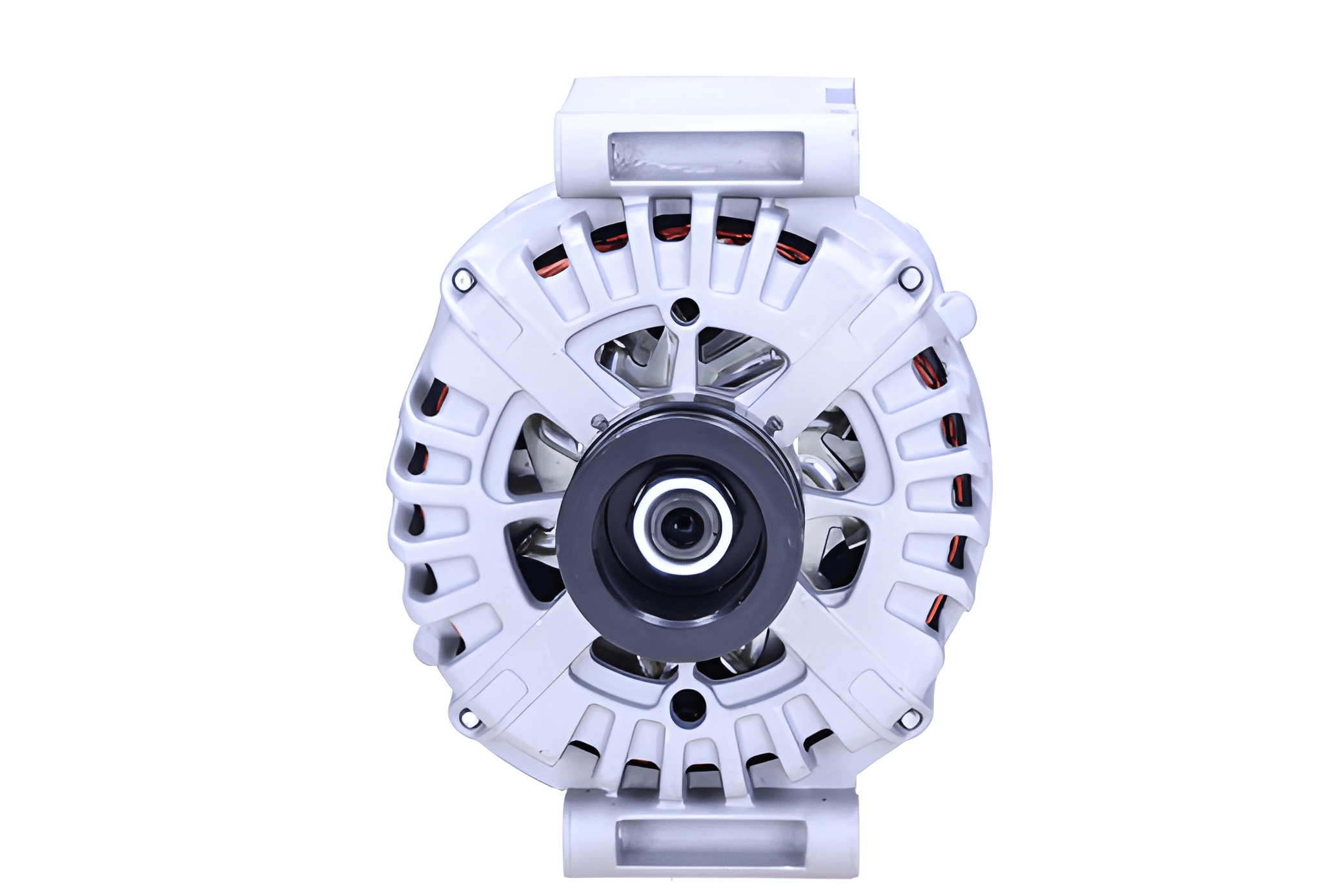 front view of A new 12V, 200amps alternator for Mercedes vehicles, with a metal body and plastic components, isolated on a white background.