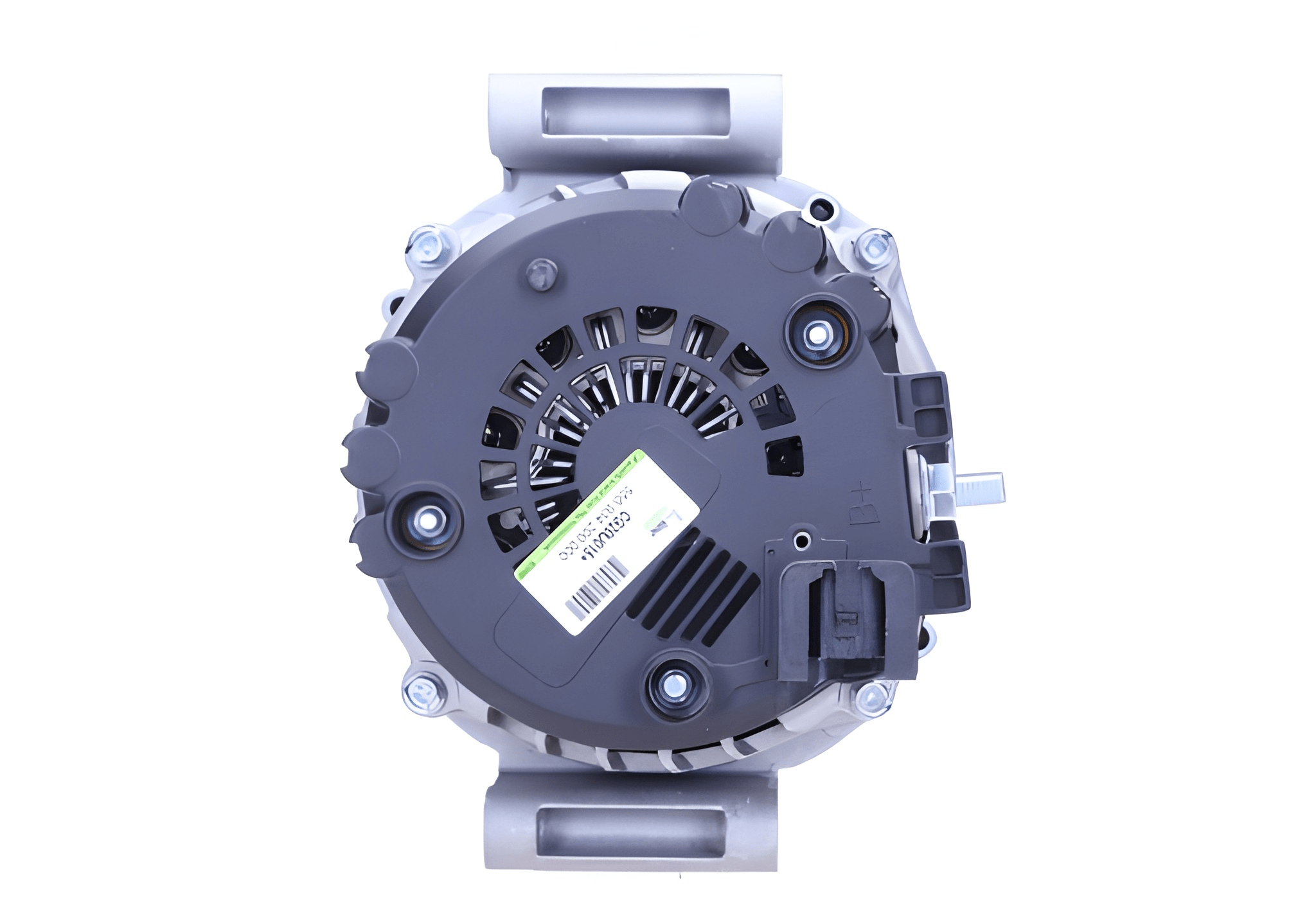 rear view of A new 12V, 200amps alternator for Mercedes vehicles, with a metal body and plastic components, isolated on a white background.