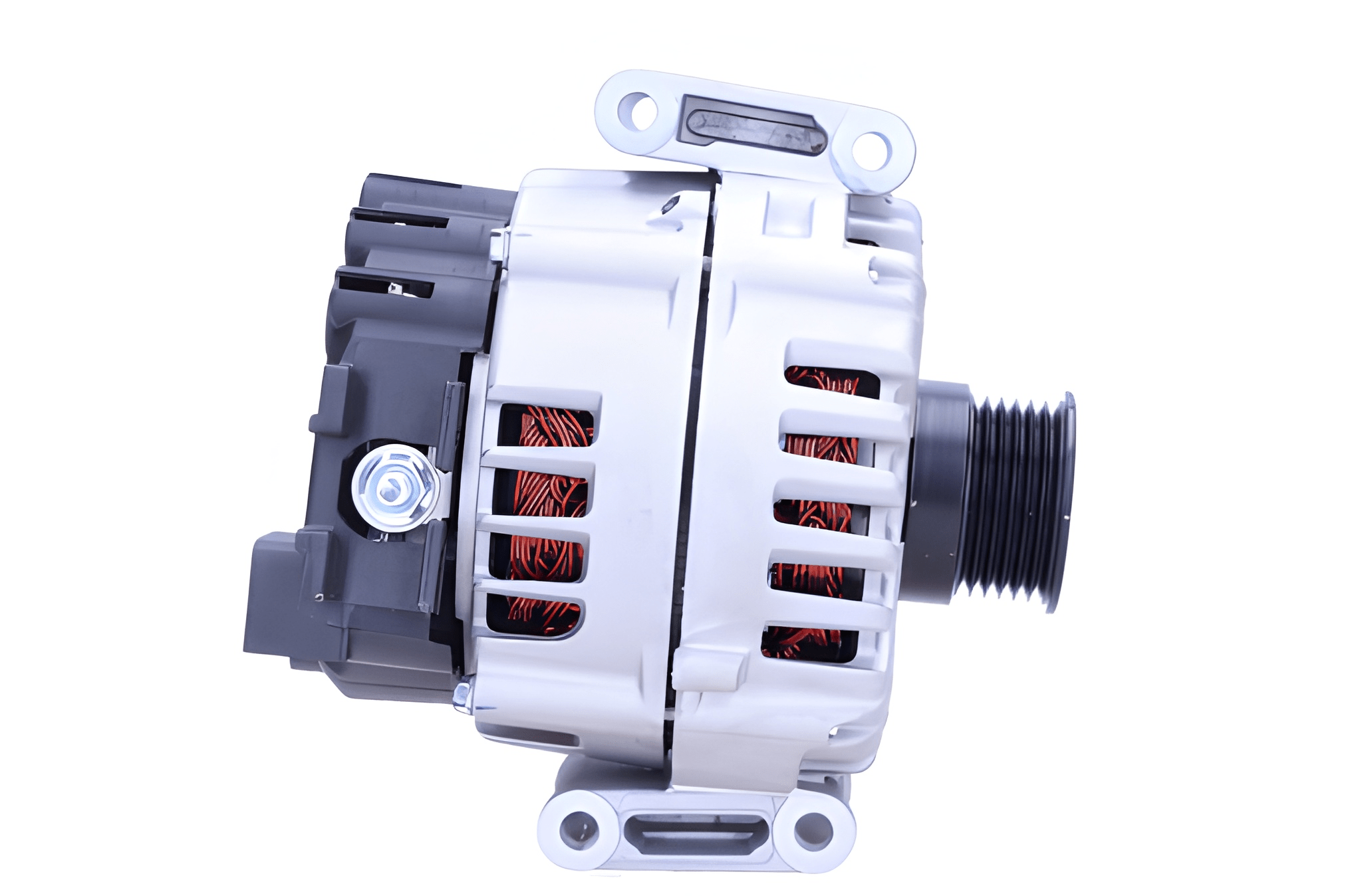 side view of A new 12V, 200amps alternator for Mercedes vehicles, with a metal body and plastic components, isolated on a white background.