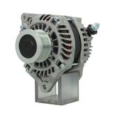 A new aftermarket alternator with a metal body, electrical connectors, and a pulley for a vehicle.
