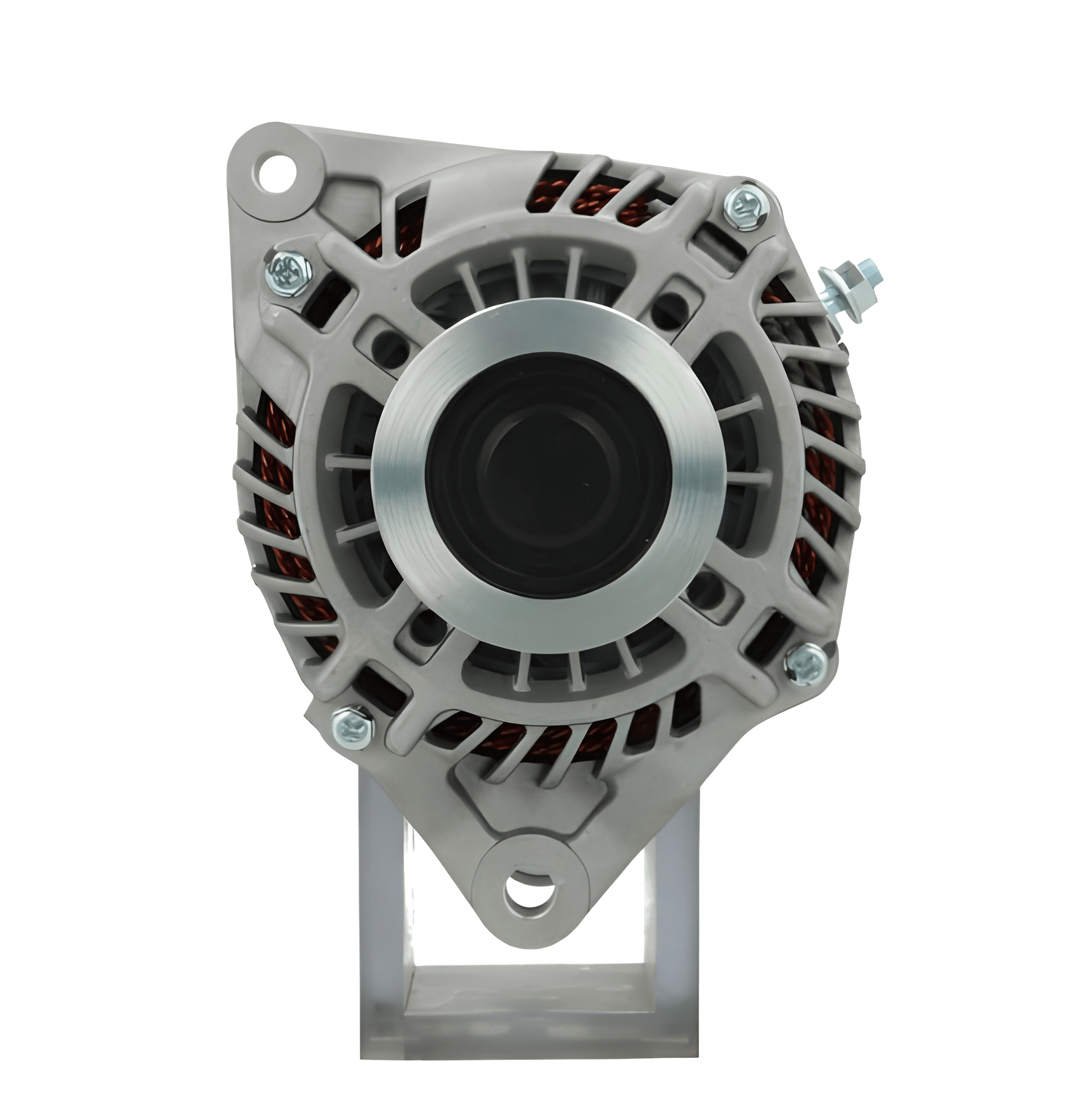front view of a new aftermarket alternator with a metal body, electrical connectors, and a pulley for a vehicle. on a white background