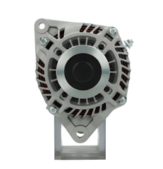 front view of a new aftermarket alternator with a metal body, electrical connectors, and a pulley for a vehicle. on a white background