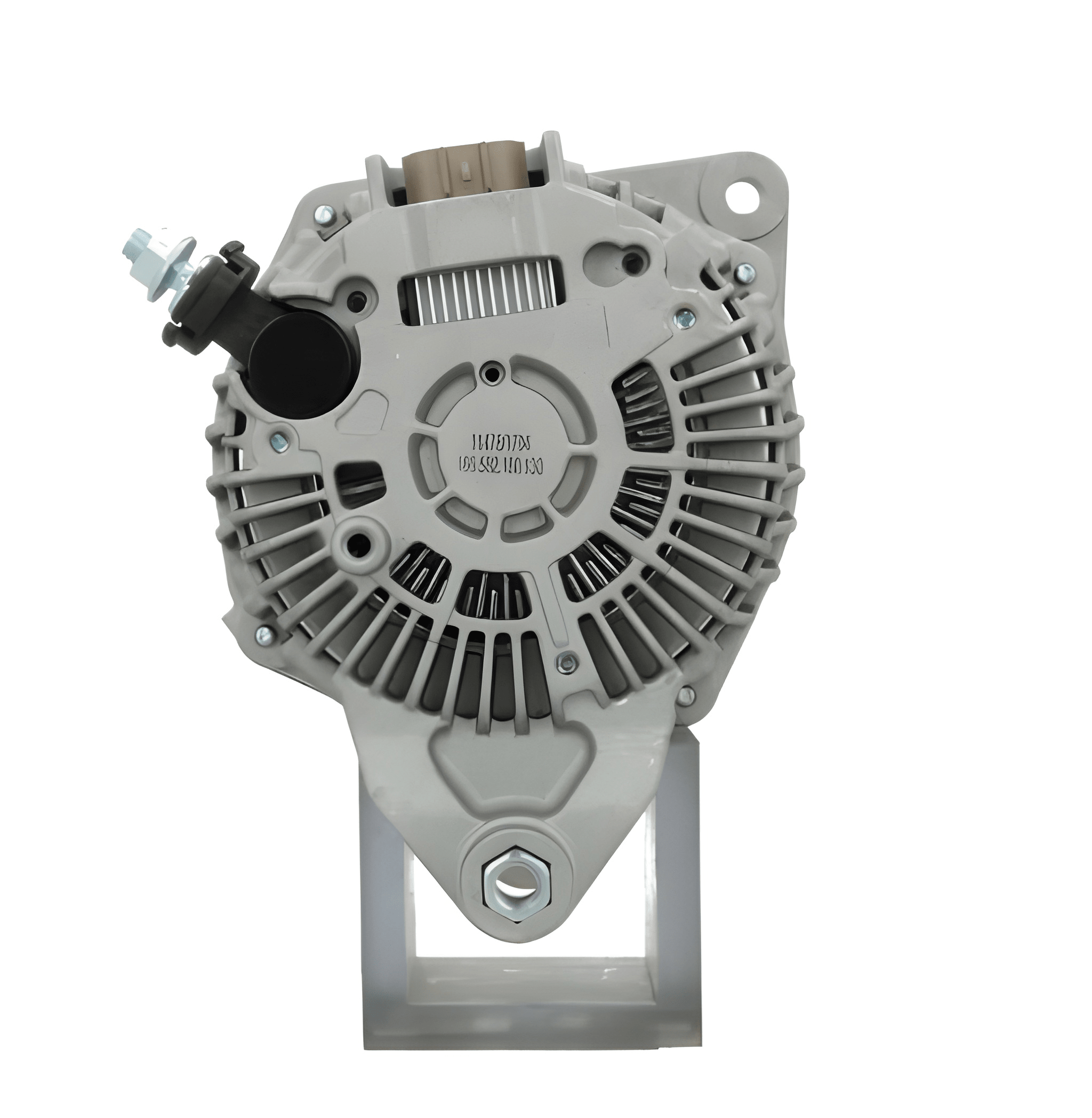 rear view of a new aftermarket alternator with a metal body, electrical connectors, and a pulley for a vehicle. on a white background