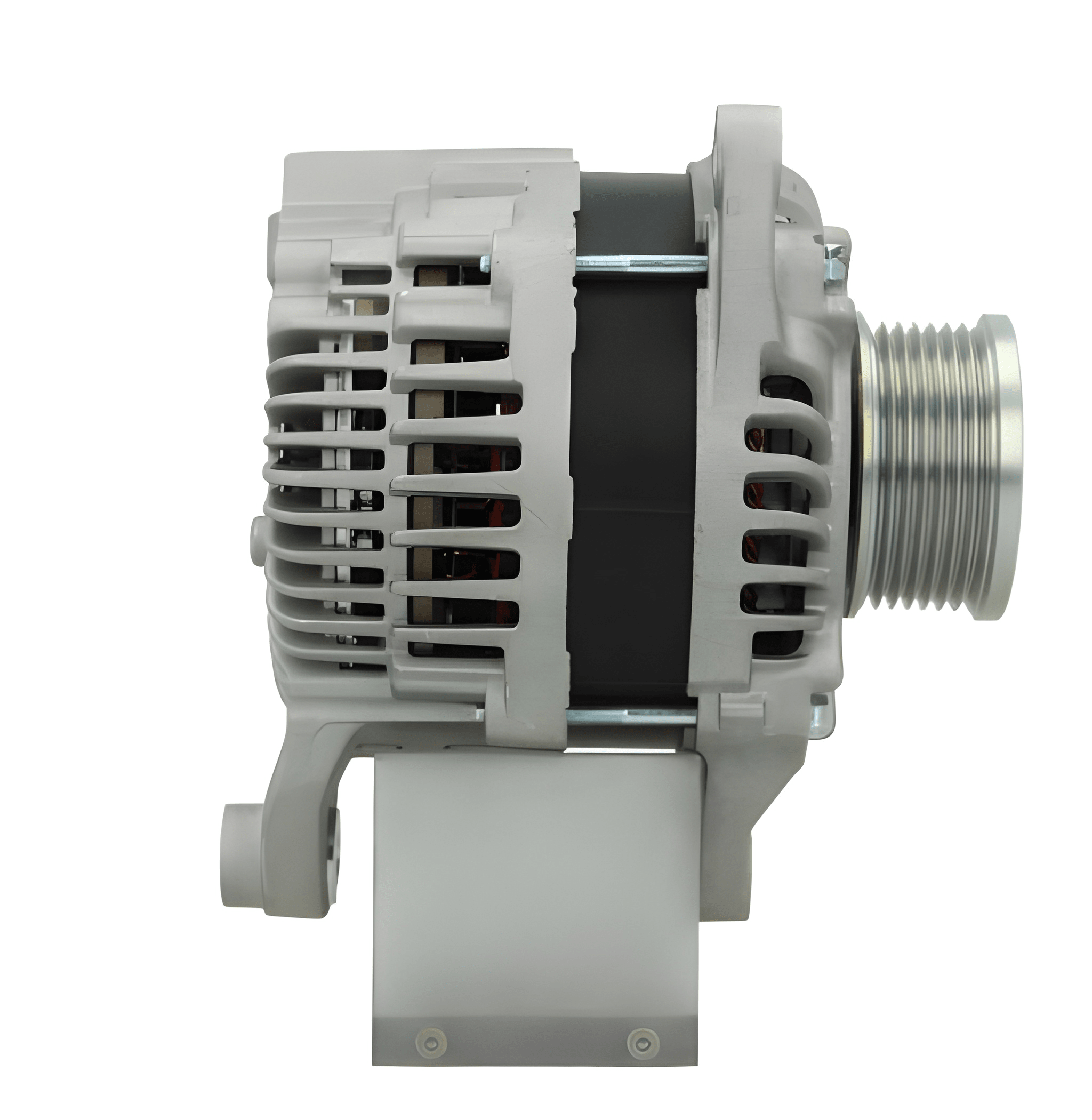 side view of a new aftermarket alternator with a metal body, electrical connectors, and a pulley for a vehicle. on a white background