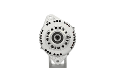 front view of A new 12V 100Amp aftermarket alternator for Opel / vauxhall vehicles, featuring metal construction with a pulley and wiring connectors.