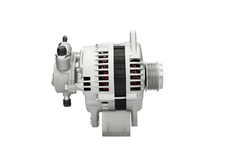 side view of A new 12V 100Amp aftermarket alternator for Opel / vauxhall vehicles, featuring metal construction with a pulley and wiring connectors.