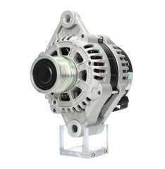 A new aftermarket alternator for Opel vehicles, featuring a metallic structure with a pulley and mounting points.