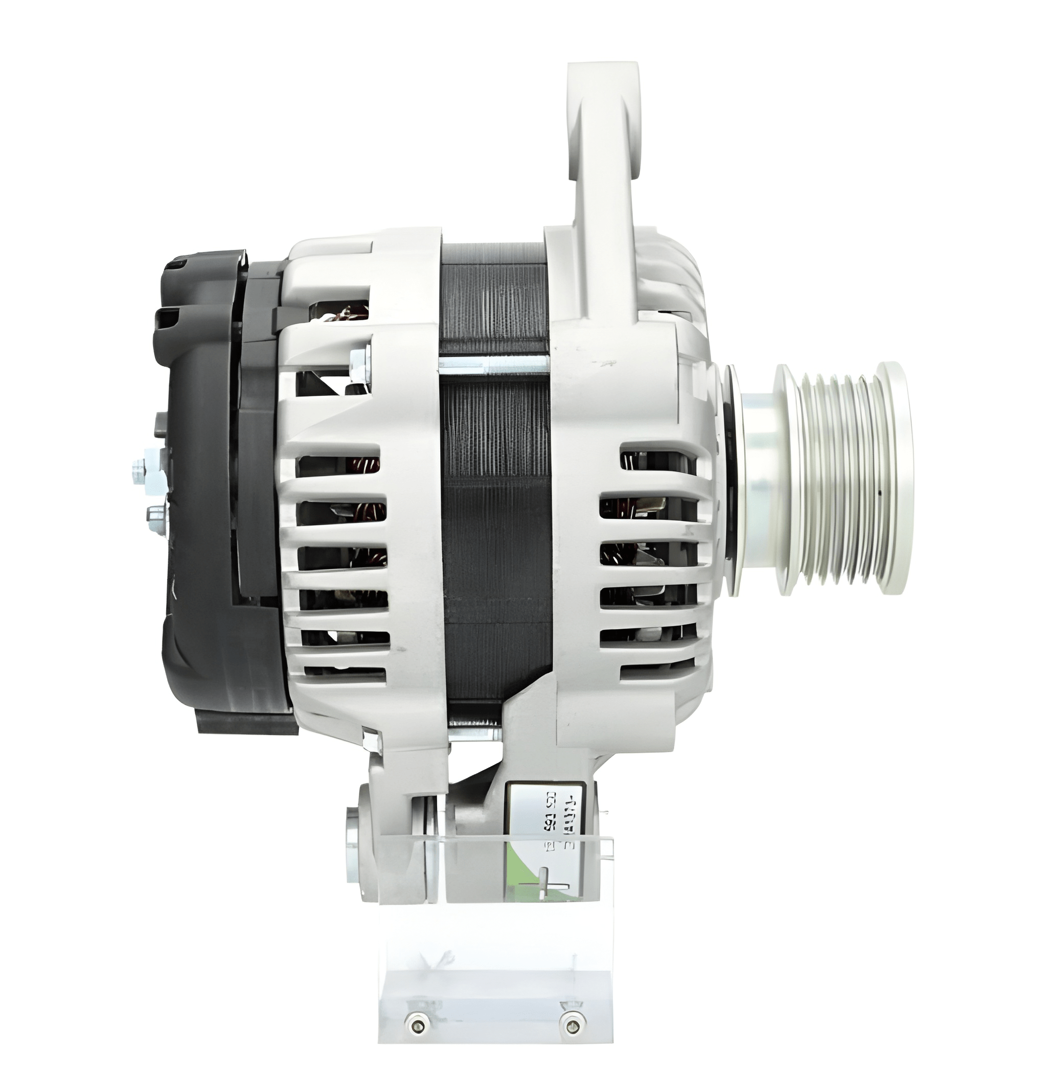 side view of a Car alternator on a white background