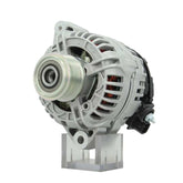 A Toyota 85A alternator, showing the front view with mounting holes, a pulley, and electrical connections.