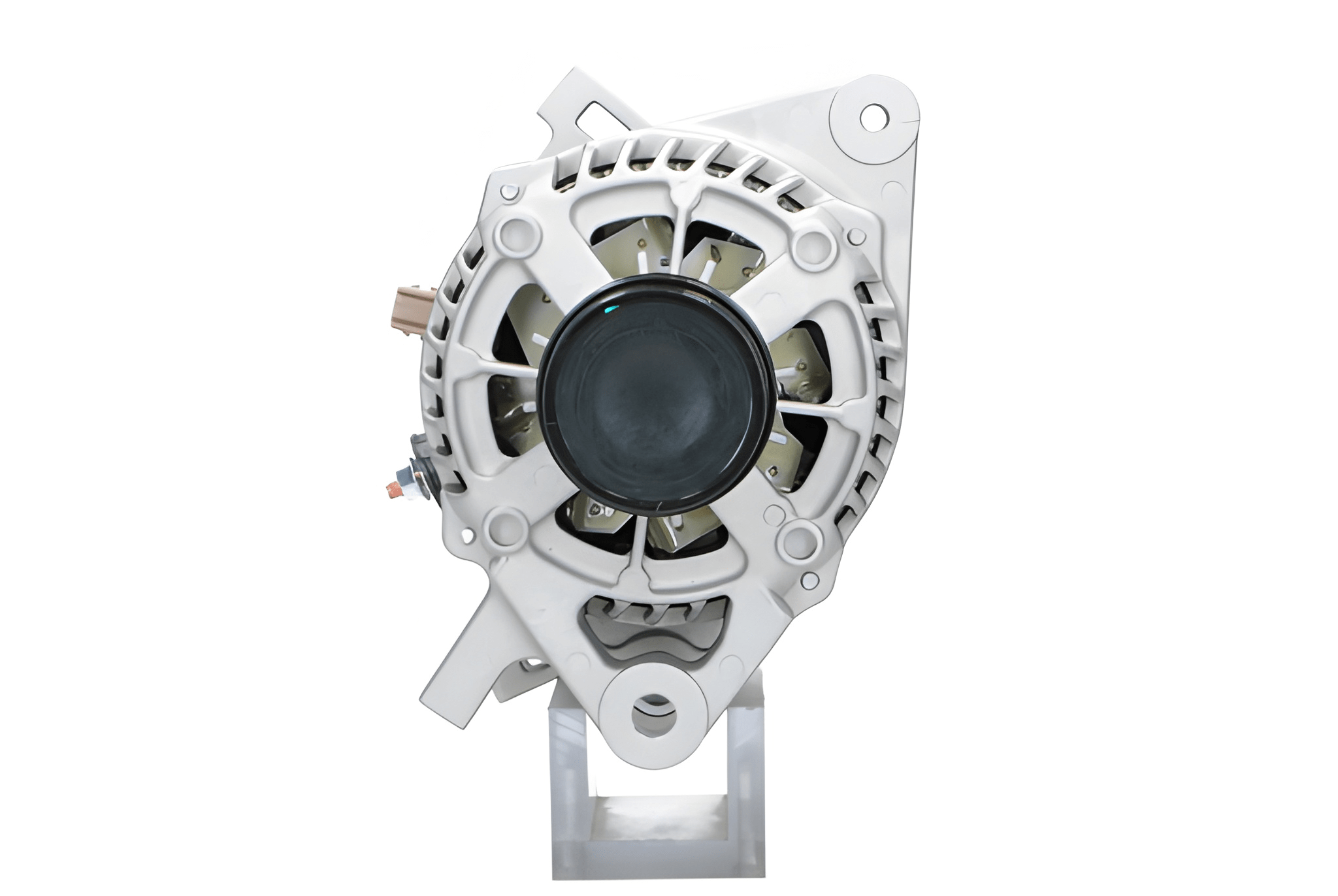 front view of A new 12V Toyota 90A aftermarket alternator, predominantly silver in color, with a black free wheel pulley.
