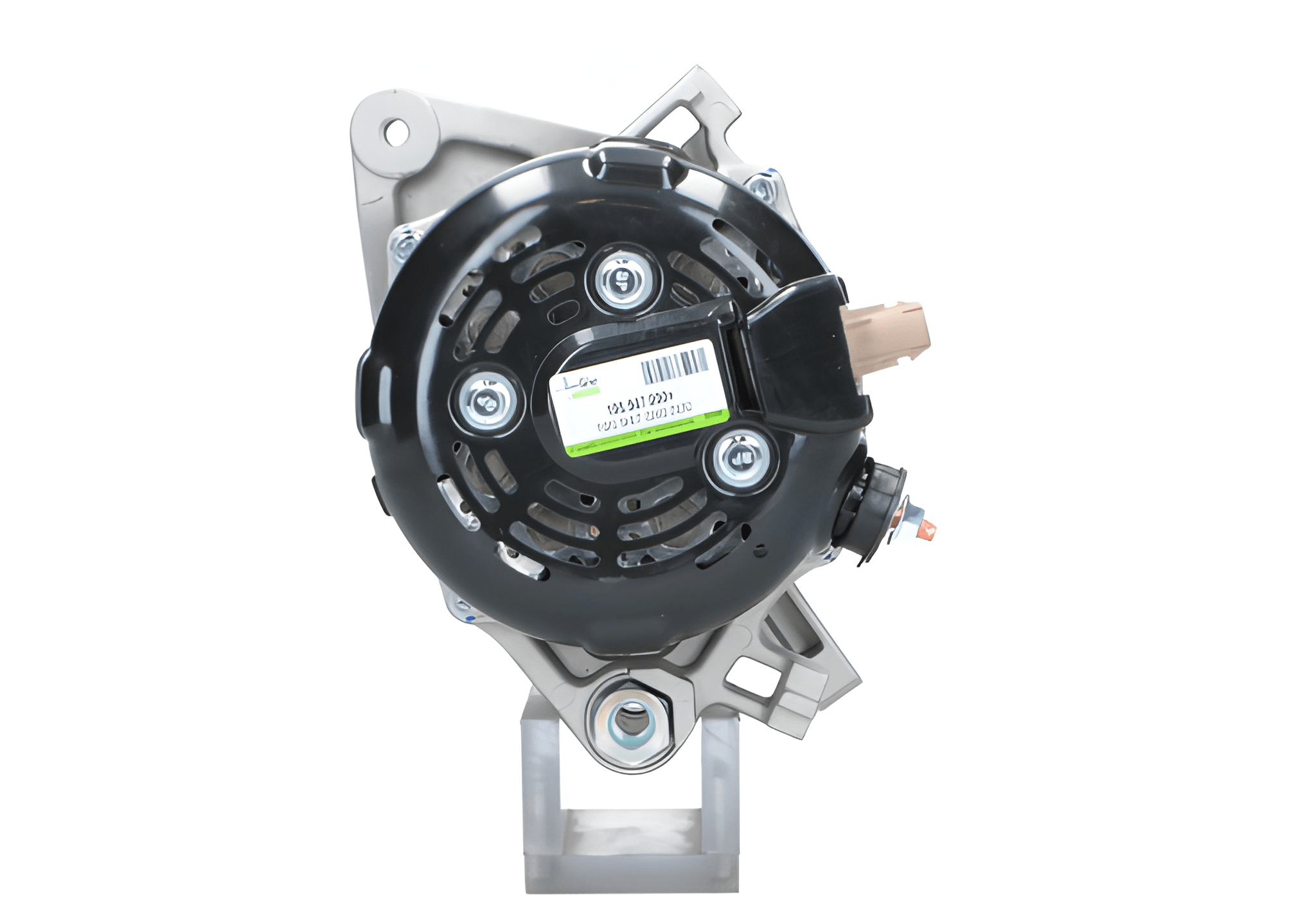 rear view of A new 12V Toyota 90A aftermarket alternator, predominantly silver in color, with a black free wheel pulley.