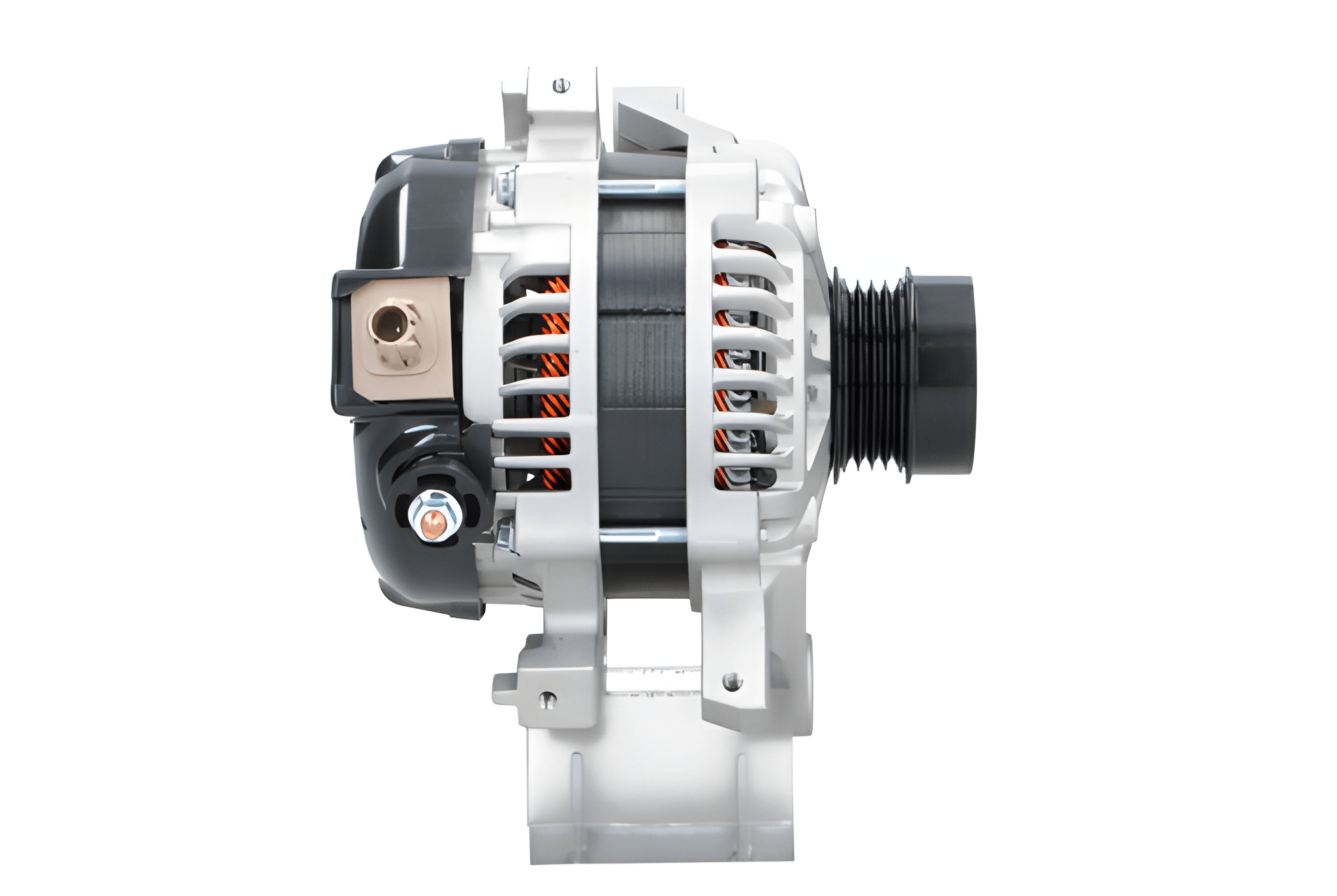 side view of A new 12V Toyota 90A aftermarket alternator, predominantly silver in color, with a black free wheel pulley.