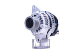 A Toyota 85A alternator, showing the front view with mounting holes, pulley, and electrical connections.