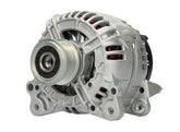 A new aftermarket alternator for a Volkswagen vehicle, featuring a metal body with several mounting holes and electrical connectors.