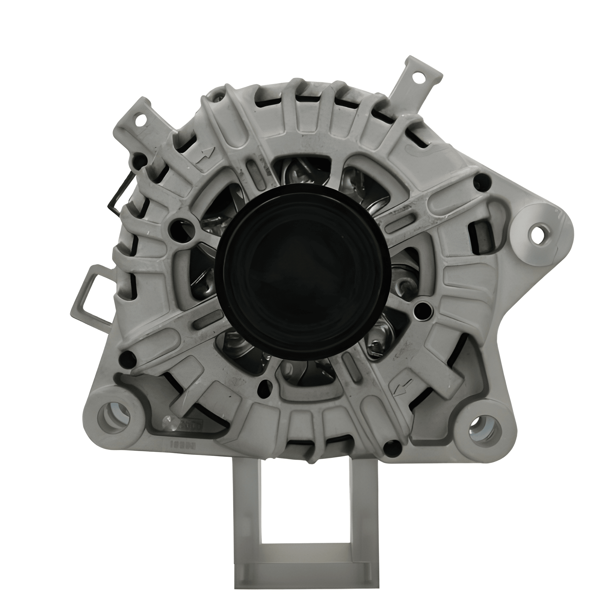 front view of A Ford 165A alternator, showing a metallic body with a black free wheel pulley, mounting holes, and electrical connections. on a white background