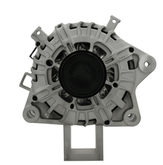 front view of A Ford 165A alternator, showing a metallic body with a black free wheel pulley, mounting holes, and electrical connections. on a white background