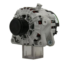 A Ford 165A alternator, showing a metallic body with a black free wheel pulley, mounting holes, and electrical connections.