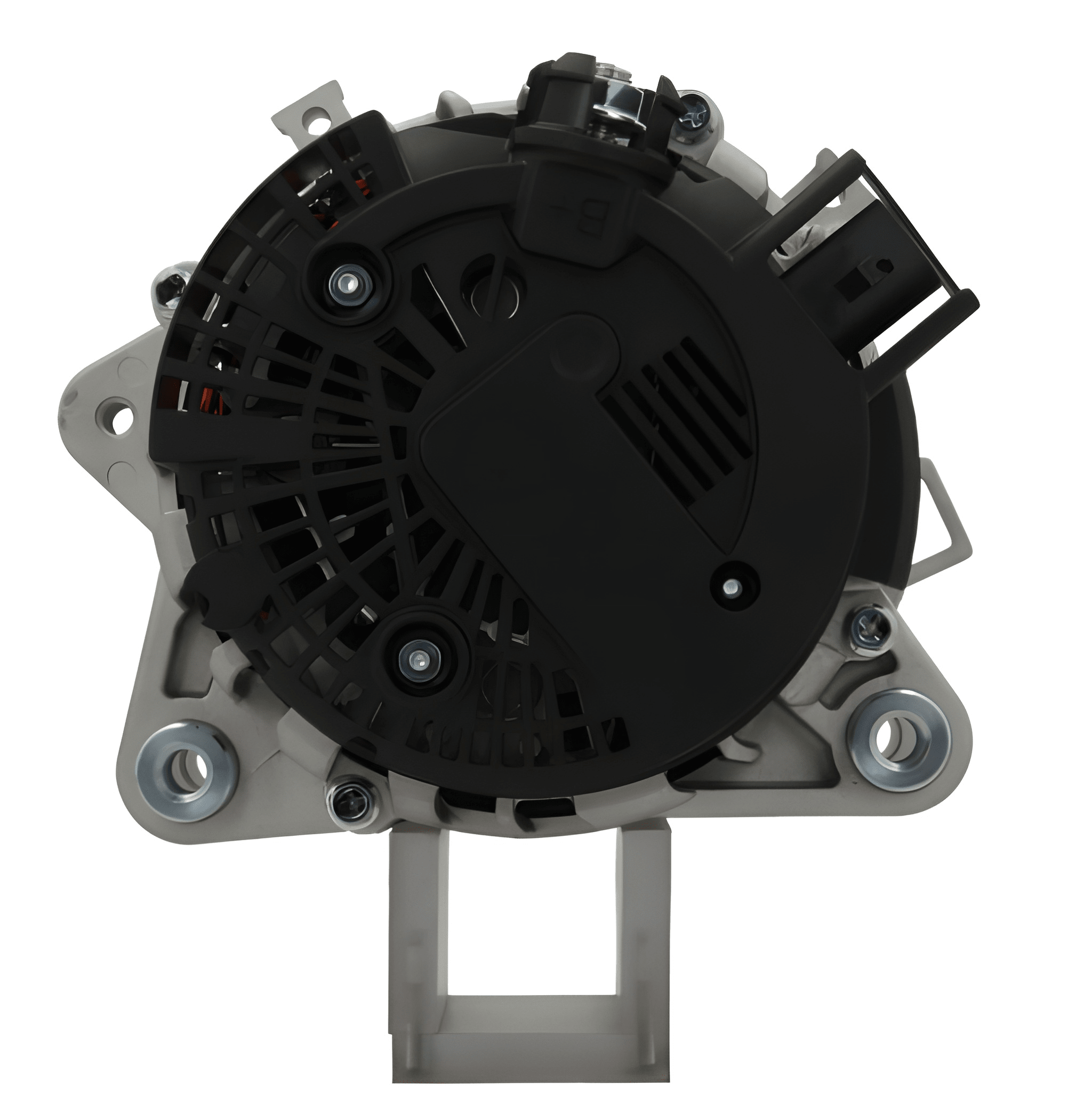 rear view of A Ford 165A alternator, showing a metallic body with a black free wheel pulley, mounting holes, and electrical connections. on a white background