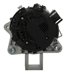rear view of A Ford 165A alternator, showing a metallic body with a black free wheel pulley, mounting holes, and electrical connections. on a white background