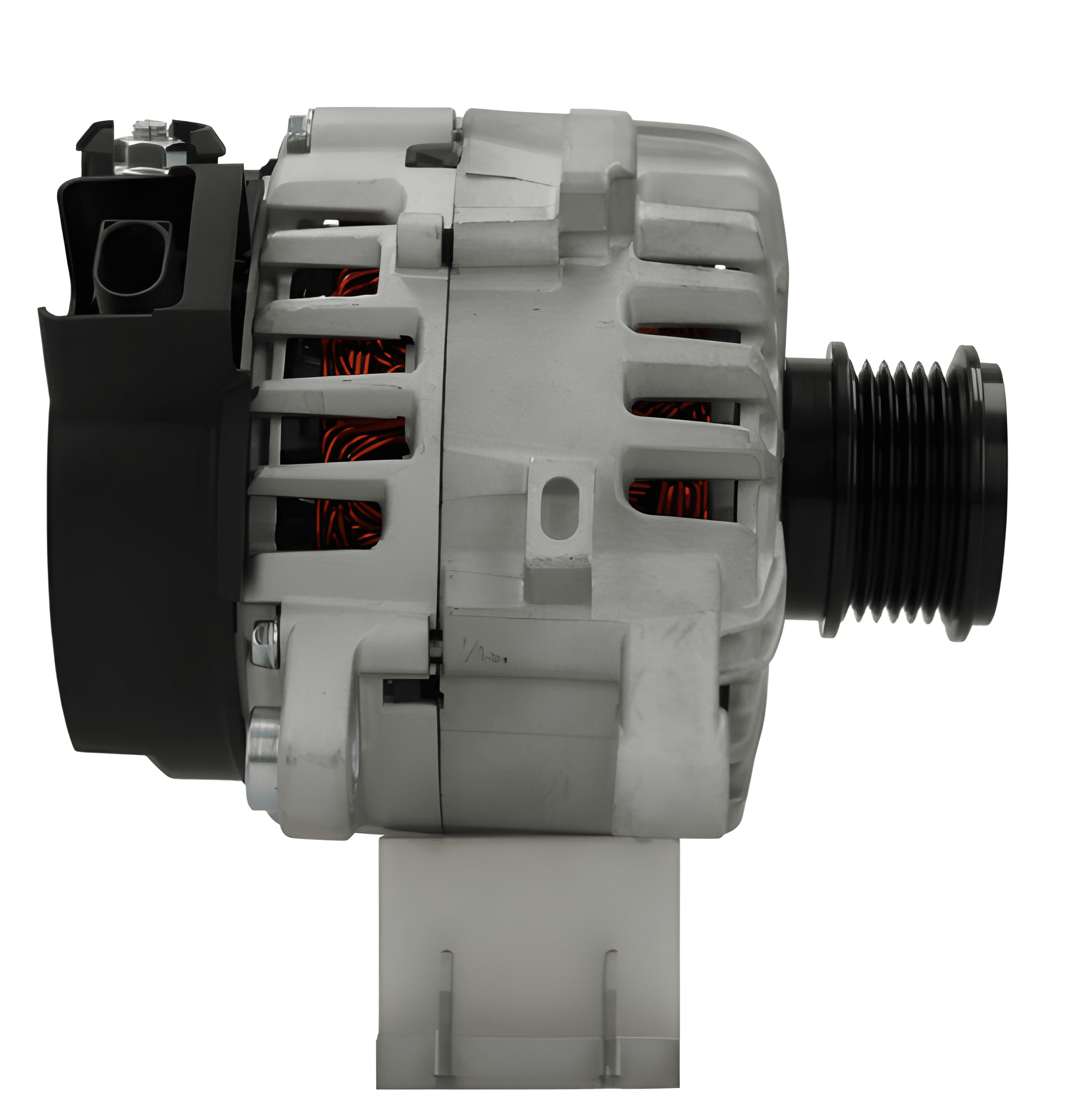 side view of A Ford 165A alternator, showing a metallic body with a black free wheel pulley, mounting holes, and electrical connections. on a white background