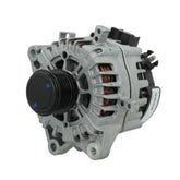 A Ford 220A alternator, showing a metallic body with wiring and a pulley system. on a white background