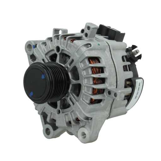 A Ford 220A alternator, showing a metallic body with wiring and a pulley system. on a white background